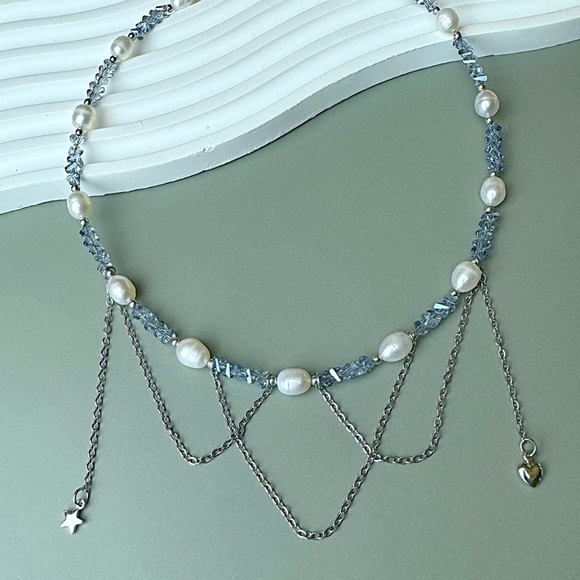 Trendy Pearl & Blue Crystal Necklace with Silver Chains and Cute Charms - Picture 3 of 5